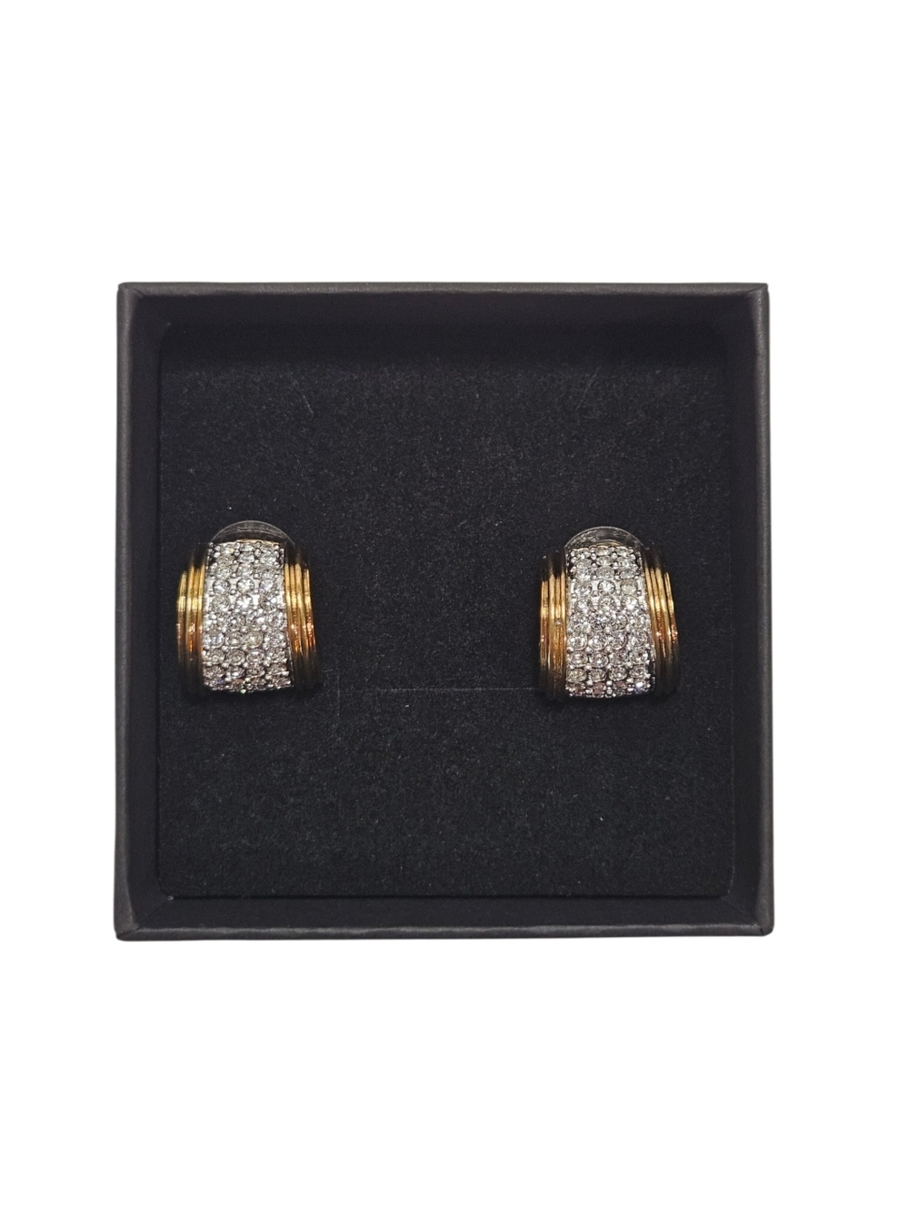 Vintage Swarovski Crystal Pavé Half Hoop Earrings Gold Tone Stud